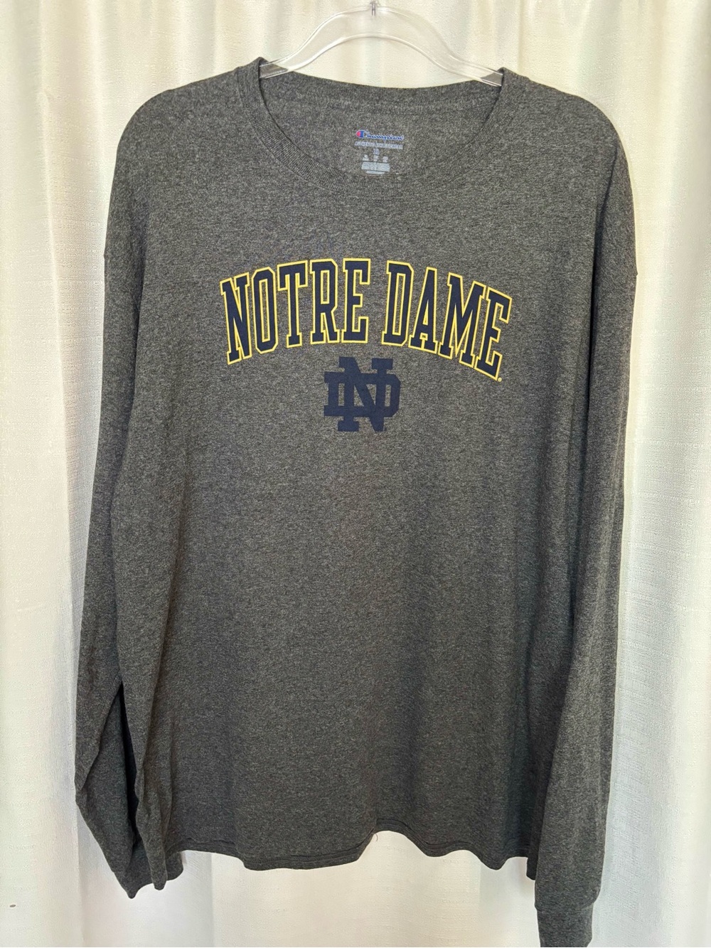 Champion - Grey Notre Dame Crewneck Sweatshirt with Yellow & Navy Logo